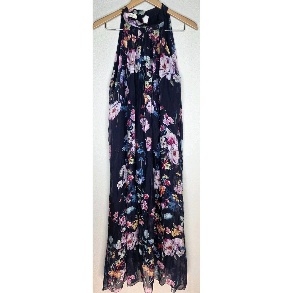BELLAMBIA Silk Navy Floral Halter Tiered Maxi Dress XL Lined Summer Boho Italy